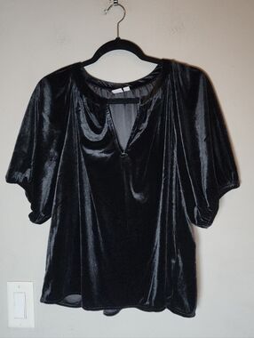 Gap Black Stretch Velvet Puff Sleeve Blouse Top Shirt Size Medium